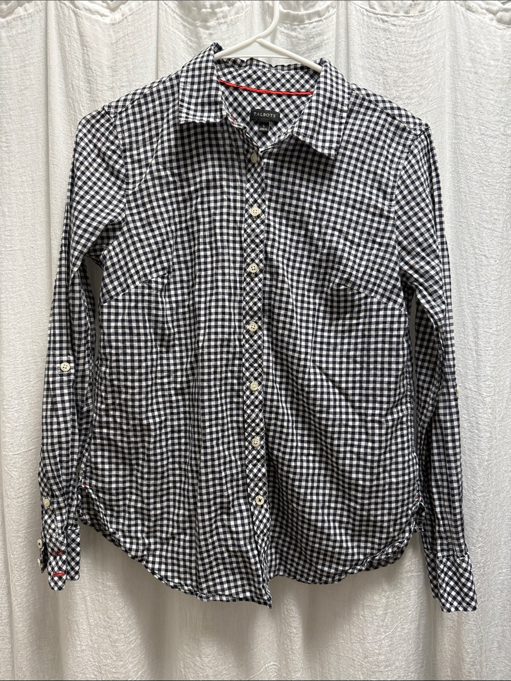 Talbots Black and White Gingham Button-Down Shirt with Collar